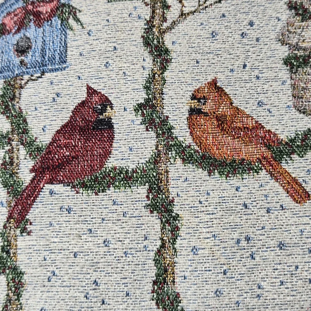 Vintage Christmas Cardinal Birdhouse Tapestry Throw Pillow‎ Fringe Cottagecore